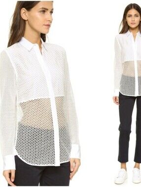 rag & bone White Stretch Mesh Button-Up Blouse